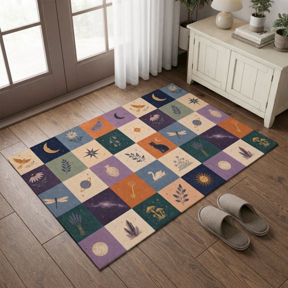 Entryway Rug 2'x3', Purple Orange Blue Plaid Kitchen Runner Rugs Non-Slip Carpet Mats, Moon Floral Cat Checked Bedside Rugs Runners Washable Floor Carpet for Bathroom Laundry Room