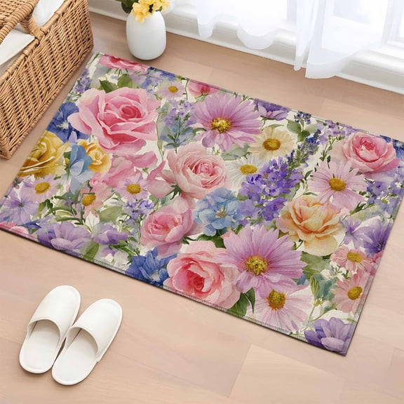 Entryway Rug 2'x3', Purple Pink Floral Small Rug for Kitchen Bathroom Door Mat Indoor Entrance, Spring Farmhouse Country Vintage Flower Non-Slip Area Rugs Floor Mats Carpet Front Door Rugs