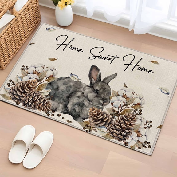 Entryway Rug 2'x3', Rabbits Pine Cone Small Rug for Kitchen Bathroom Door Mat Indoor Entrance, Sweet Home Texture Rustic Leaf Retro Beige Non-Slip Area Rugs Floor Mats Carpet Front Door Rugs