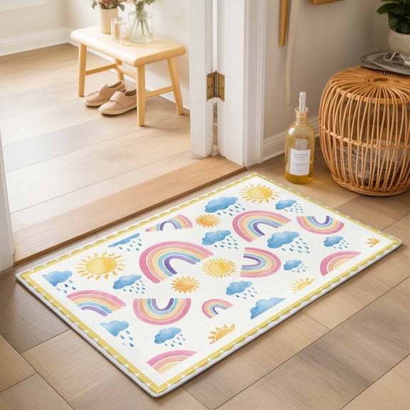 Entryway Rug 2'x3', Rainbow Sunshine Kitchen Runner Rugs Non-Slip Carpet Mats, Rainy Cute Yellow Border Bedside Rugs Runners Washable Floor Carpet for Bathroom Laundry Room