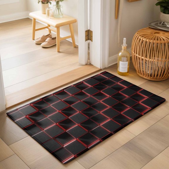 Entryway Rug 2'x3', Red Black Cubes Kitchen Runner Rugs Non-Slip Carpet Mats, Modern Geometric Abstract Art Bedside Rugs Runners Washable Floor Carpet for Bathroom Laundry Room