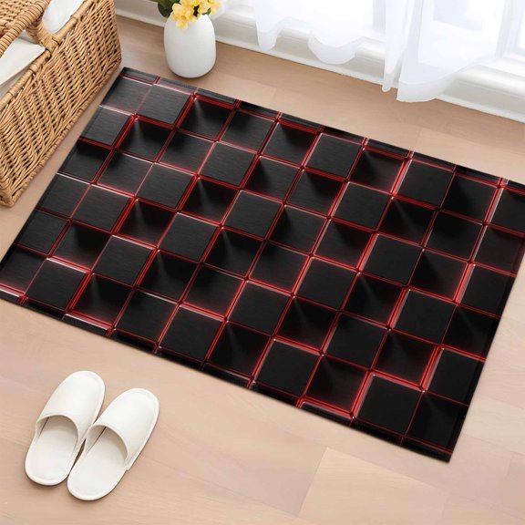 Entryway Rug 2'x3', Red Black Cubes Small Rug for Kitchen Bathroom Door Mat Indoor Entrance, Modern Geometric Abstract Art Non-Slip Area Rugs Floor Mats Carpet Front Door Rugs