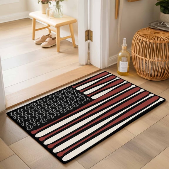 Entryway Rug 2'x3', Red Black USA Flag Kitchen Runner Rugs Non-Slip Carpet Mats, Baseball American Flag Bedside Rugs Runners Washable Floor Carpet for Bathroom Laundry Room