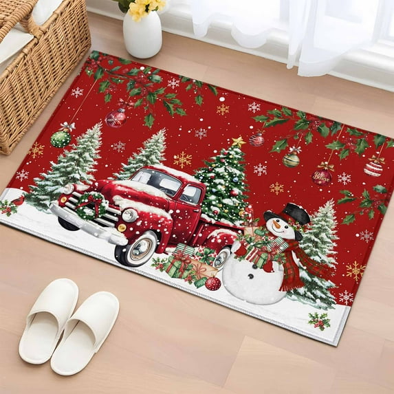 Entryway Rug 2'x3', Red Christmas Small Rug for Kitchen Bathroom Door Mat Indoor Entrance, Snowman Truck Xmas Tree Ball Snowflake Winter Non-Slip Area Rugs Floor Mats Carpet Front Door Rugs