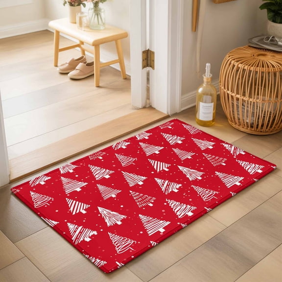Entryway Rug 2'x3', Red Christmas Trees Kitchen Runner Rugs Non-Slip Carpet Mats, Winter Xmas Pine Textured Bedside Rugs Runners Washable Floor Carpet for Bathroom Laundry Room