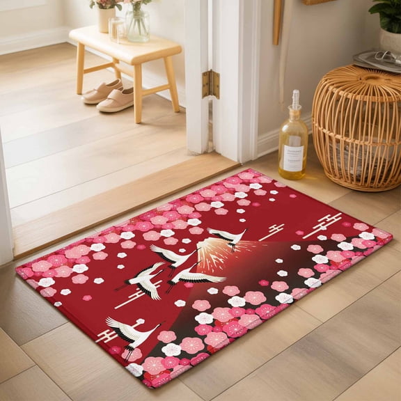 Entryway Rug 2'x3', Red Mountains Kitchen Runner Rugs Non-Slip Carpet Mats, Modern Aesthetic Cherry Blossoms Cranes Bedside Rugs Runners Washable Floor Carpet for Bathroom Laundry Room
