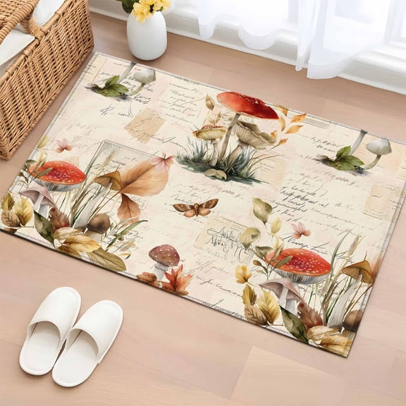 Entryway Rug 2'x3', Red Mushrooms Small Rug for Kitchen Bathroom Door Mat Indoor Entrance, Elegant Pastoral Botanical Vintage Art Non-Slip Area Rugs Floor Mats Carpet Front Door Rugs