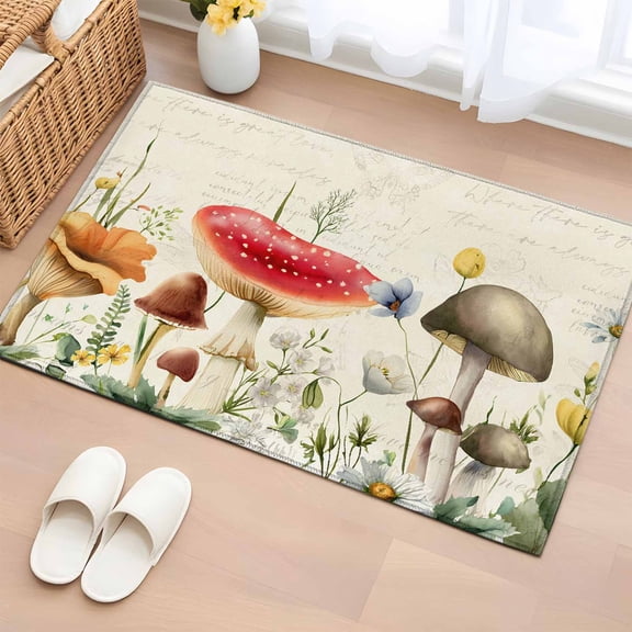 Entryway Rug 2'x3', Red Mushrooms Small Rug for Kitchen Bathroom Door Mat Indoor Entrance, Spring Floral Farmhouse Botanical Elegant Non-Slip Area Rugs Floor Mats Carpet Front Door Rugs