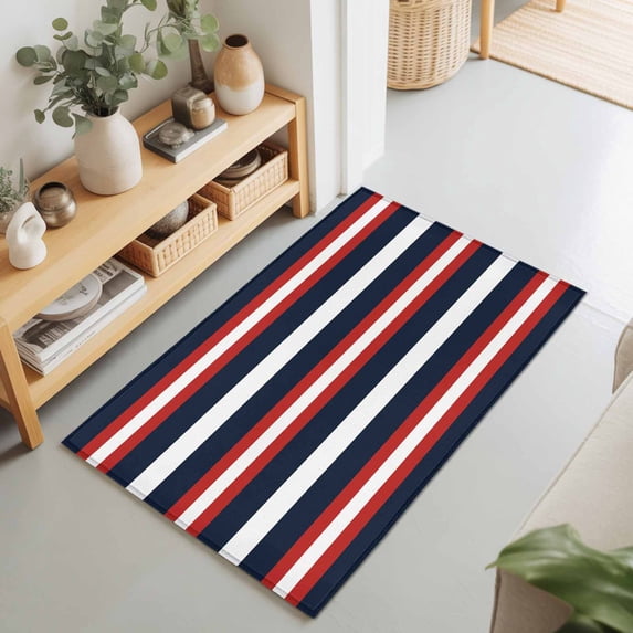 Entryway Rug 2'x3', Red Navy Blue Striped Kitchen Runner Rugs Non-Slip Carpet Mats, Contemporary Minimalist Aesthetic Bedside Rugs Runners Washable Floor Carpet for Bathroom Laundry Room