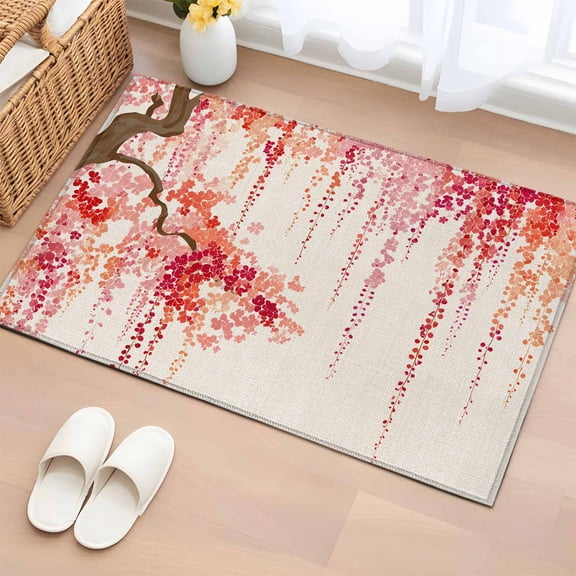 Entryway Rug 2'x3', Red Orange Cherry Blossoms Small Rug for Kitchen Bathroom Door Mat Indoor Entrance, Spring Weeping Leaves Burlap Non-Slip Area Rugs Floor Mats Carpet Front Door Rugs