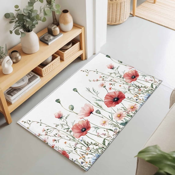 Entryway Rug 2'x3', Red Poppy Flower Kitchen Runner Rugs Non-Slip Carpet Mats, Garden Floral Botanical Painting Bedside Rugs Runners Washable Floor Carpet for Bathroom Laundry Room