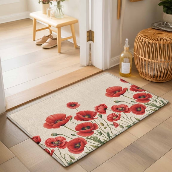 Entryway Rug 2'x3', Red Poppy Kitchen Runner Rugs Non-Slip Carpet Mats, Spring Summer Farmhouse Flowers Rustic Burlap Bedside Rugs Runners Washable Floor Carpet for Bathroom Laundry Room
