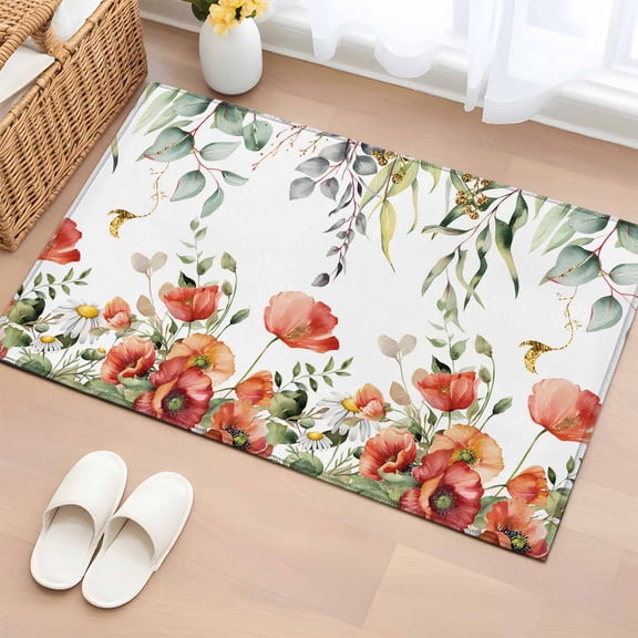 Entryway Rug 2'x3', Red Poppy Small Rug for Kitchen Bathroom Door Mat Indoor Entrance, Spring Farmhouse Country Flower Leaf Plant Non-Slip Area Rugs Floor Mats Carpet Front Door Rugs