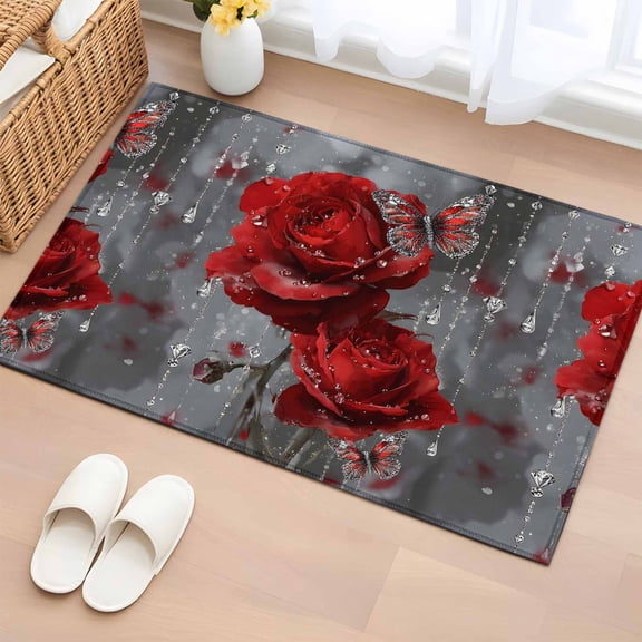 Entryway Rug 2'x3', Red Roses Small Rug for Kitchen Bathroom Door Mat Indoor Entrance, Valentine's Day Crystal Butterflies Floral Non-Slip Area Rugs Floor Mats Carpet Front Door Rugs