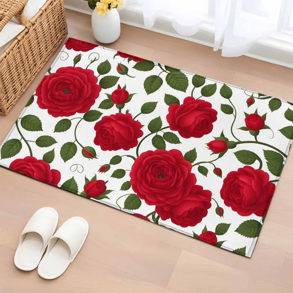 Entryway Rug 2'x3', Red Roses Small Rug for Kitchen Bathroom Door Mat Indoor Entrance, Valentine's Day Flowers Leaves Romantic Non-Slip Area Rugs Floor Mats Carpet Front Door Rugs
