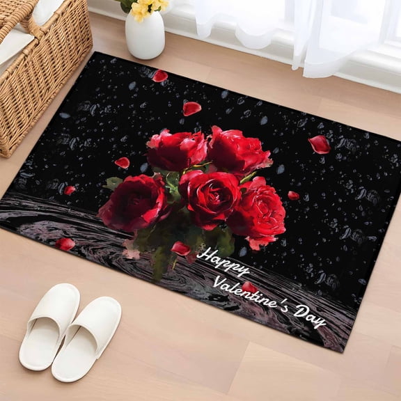 Entryway Rug 2'x3', Red Roses Small Rug for Kitchen Bathroom Door Mat Indoor Entrance, Valentines Day Romantic Petal Floral Black Non-Slip Area Rugs Floor Mats Carpet Front Door Rugs