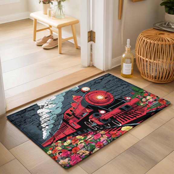 Entryway Rug 2'x3', Red Trains Kitchen Runner Rugs Non-Slip Carpet Mats, Shabby Chic Cartoon Retro Flowers Artwork Bedside Rugs Runners Washable Floor Carpet for Bathroom Laundry Room