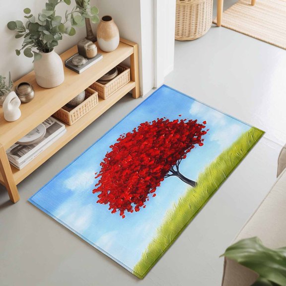 Entryway Rug 2'x3', Red Tree Kitchen Runner Rugs Non-Slip Carpet Mats, Spring Grass Blue Sky Retro Landscape Bedside Rugs Runners Washable Floor Carpet for Bathroom Laundry Room