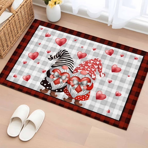 Entryway Rug 2'x3', Red Valentine's Day Small Rug for Kitchen Bathroom Door Mat Indoor Entrance, Love Heart Gnomes Grey Plaid Non-Slip Area Rugs Floor Mats Carpet Front Door Rugs