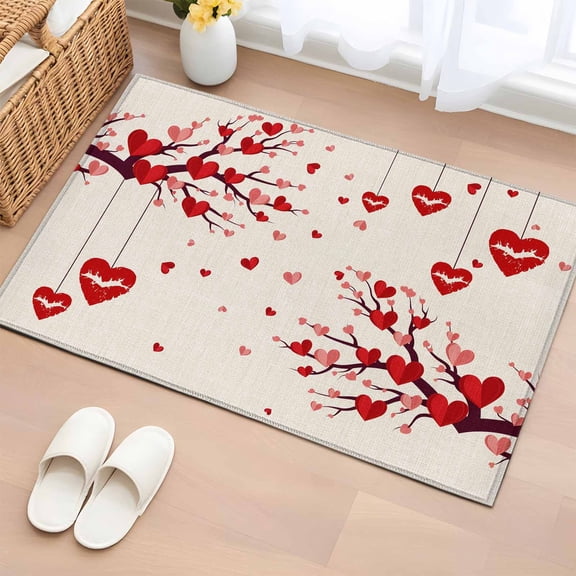 Entryway Rug 2'x3', Red Valentines Small Rug for Kitchen Bathroom Door Mat Indoor Entrance, Red Love Heart Tree Rustic Non-Slip Area Rugs Floor Mats Carpet Front Door Rugs
