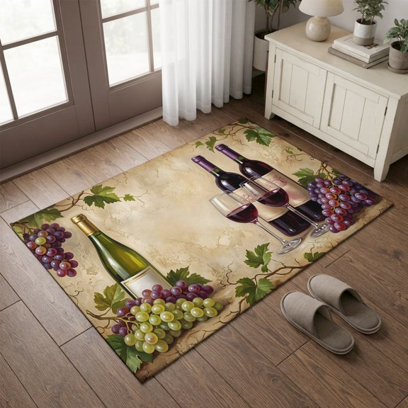 Entryway Rug 2'x3', Red Wine Kitchen Runner Rugs Non-Slip Carpet Mats, Grapes Rustic Bottles Farmhouse Italian Manor Bedside Rugs Runners Washable Floor Carpet for Bathroom Laundry Room