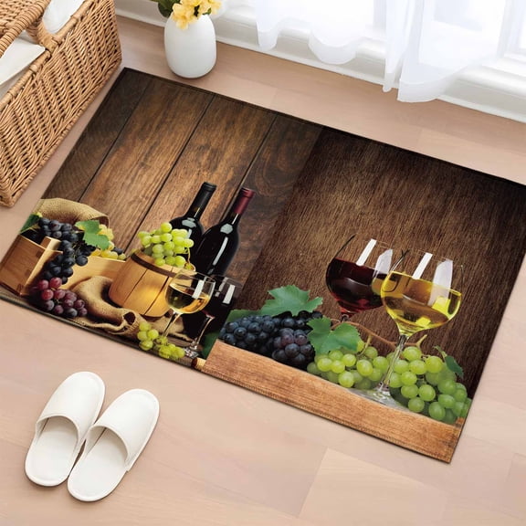 Entryway Rug 2'x3', Red Wine Small Rug for Kitchen Bathroom Door Mat Indoor Entrance, Grapes Glasses Country Wooden Farmhouse Non-Slip Area Rugs Floor Mats Carpet Front Door Rugs