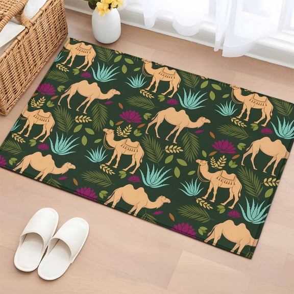 Entryway Rug 2'x3', Retro Desert Camel Small Rug for Kitchen Bathroom Door Mat Indoor Entrance, Tropical Animal Aloe Vera Leaves Dark Green Non-Slip Area Rugs Floor Mats Carpet Front Door Rugs