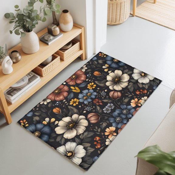 Entryway Rug 2'x3', Retro Floral Kitchen Runner Rugs Non-Slip Carpet Mats, Petals Spring Budding Flowers Motifs Bedside Rugs Runners Washable Floor Carpet for Bathroom Laundry Room