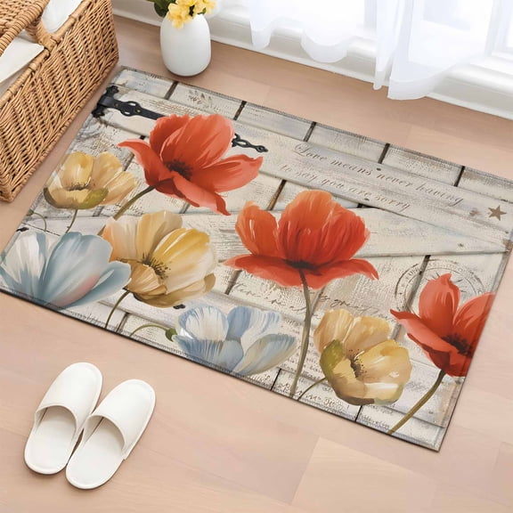 Entryway Rug 2'x3', Retro Floral Small Rug for Kitchen Bathroom Door Mat Indoor Entrance, Red Yellow Tulips Barm Doors Farmhouse Wooden Non-Slip Area Rugs Floor Mats Carpet Front Door Rugs