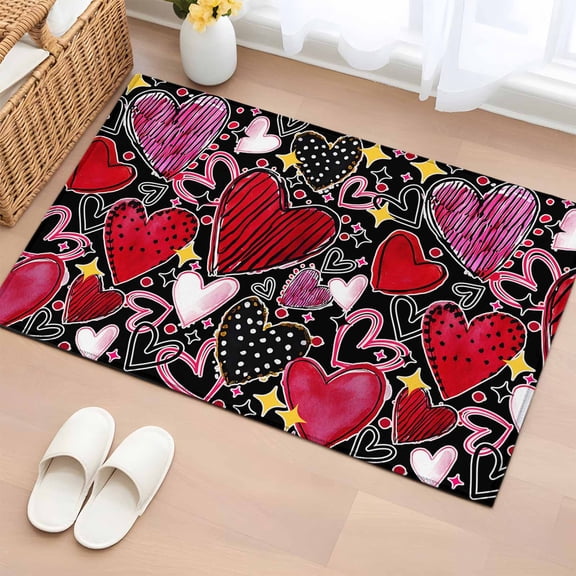 Entryway Rug 2'x3', Romantic Love Small Rug for Kitchen Bathroom Door Mat Indoor Entrance, Valentine's Day Heart Stars Polka Dots Non-Slip Area Rugs Floor Mats Carpet Front Door Rugs