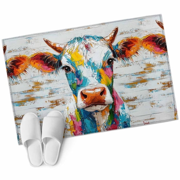 Entryway Rug 2'x3' Rustic Colorful Cow Small Area Rug Non-Slip Front Door Mat Washable Floor Carpet for Indoor Entrance Kitchen Bathroom