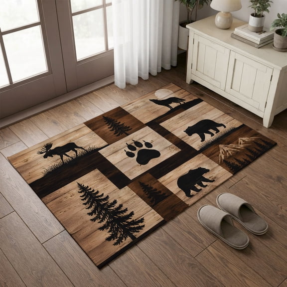 Entryway Rug 2'x3', Rustic Farmhouse Small Rug for Kitchen Bathroom Door Mat Indoor Entrance, Vintage Wildlife Bear Paw Pine Trees Wooden Non-Slip Area Rugs Floor Mats Carpet Front Door Rugs
