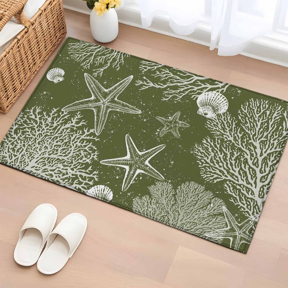 Entryway Rug 2'x3', Sage Green Coastal Small Rug for Kitchen Bathroom Door Mat Indoor Entrance, Starfish Coral Summer Beach Ocean Non-Slip Area Rugs Floor Mats Carpet Front Door Rugs