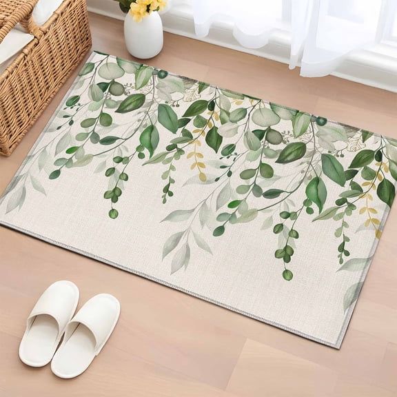Entryway Rug 2'x3', Sage Green Eucalyptus Small Rug for Kitchen Bathroom Door Mat Indoor Entrance, Farmhouse Weeping Leaves Linen Non-Slip Area Rugs Floor Mats Carpet Front Door Rugs