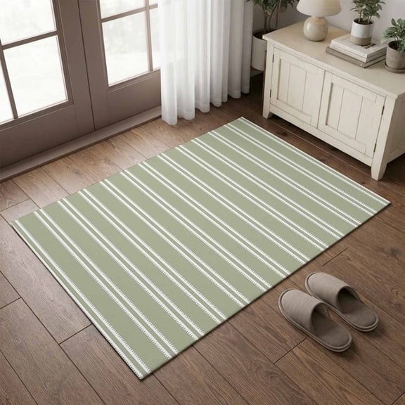 Entryway Rug 2'x3', Sage Green Stripes Kitchen Runner Rugs Non-Slip Carpet Mats, Geometric Vertical Striped Modern Art Bedside Rugs Runners Washable Floor Carpet for Bathroom Laundry Room