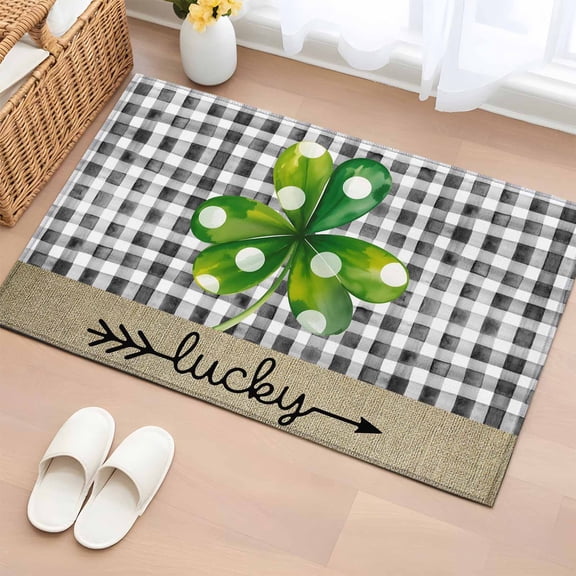 Entryway Rug 2'x3', Saint Patrick's Day Small Rug for Kitchen Bathroom Door Mat Indoor Entrance, Farmhouse Green Lucky Clovers Plaid Non-Slip Area Rugs Floor Mats Carpet Front Door Rugs