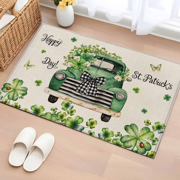 Entryway Rug 2'x3', Saint Patrick's Day Small Rug for Kitchen Bathroom Door Mat Indoor Entrance, Green Truck Leaves Floral Farmhouse Non-Slip Area Rugs Floor Mats Carpet Front Door Rugs