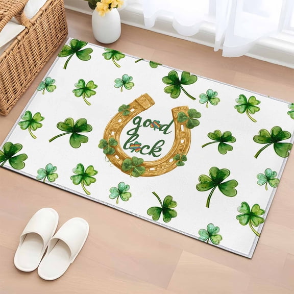 Entryway Rug 2'x3', Saint Patrick's Day Small Rug for Kitchen Bathroom Door Mat Indoor Entrance, Horseshoe Green Botanical Clovers Leaf Non-Slip Area Rugs Floor Mats Carpet Front Door Rugs
