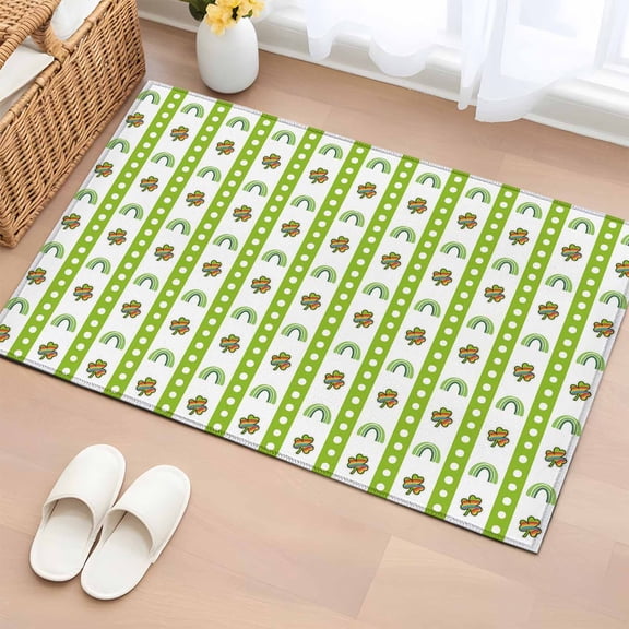 Entryway Rug 2'x3', Saint Patrick's Day Small Rug for Kitchen Bathroom Door Mat Indoor Entrance, Rainbow Clovers Green Striped Dots Non-Slip Area Rugs Floor Mats Carpet Front Door Rugs