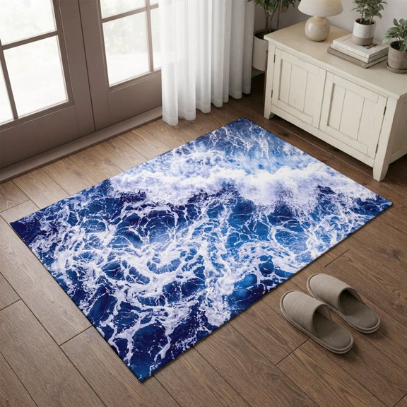 Entryway Rug 2'x3', Sea Foam Kitchen Runner Rugs Non-Slip Carpet Mats, Nautical Coastal Tropical Navy Blue Ocean Waves Bedside Rugs Runners Washable Floor Carpet for Bathroom Laundry Room