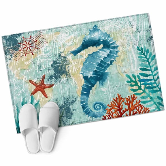 Entryway Rug 2'x3' Sea Seahorse Coastal Small Area Rug Non-Slip Front Door Mat Washable Floor Carpet for Indoor Entrance Kitchen Bathroom