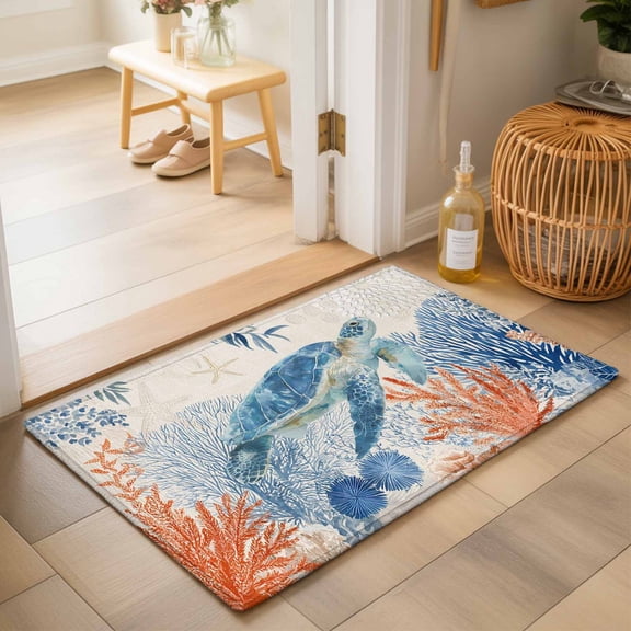 Entryway Rug 2'x3', Sea Turtle Coastal Kitchen Runner Rugs Non-Slip Carpet Mats, Summer Beach Coral Nautical Rustic Bedside Rugs Runners Washable Floor Carpet for Bathroom Laundry Room
