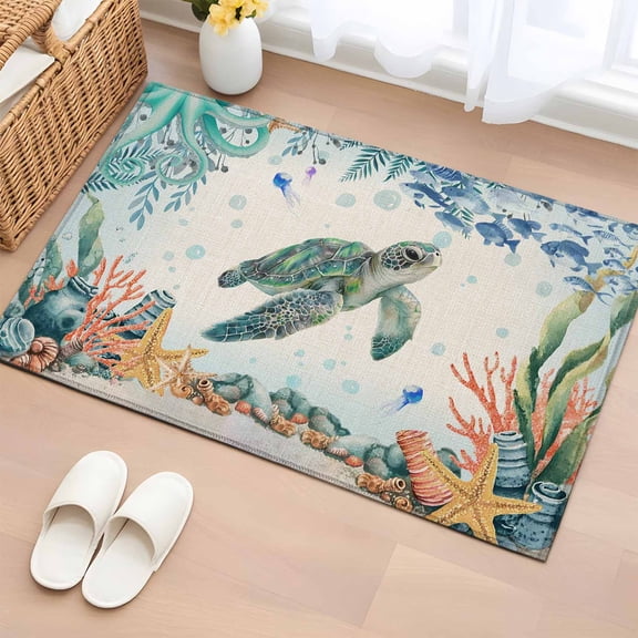 Entryway Rug 2'x3', Sea Turtle Coastal Small Rug for Kitchen Bathroom Door Mat Indoor Entrance, Summer Nautical Starfish Coral Beige Non-Slip Area Rugs Floor Mats Carpet Front Door Rugs