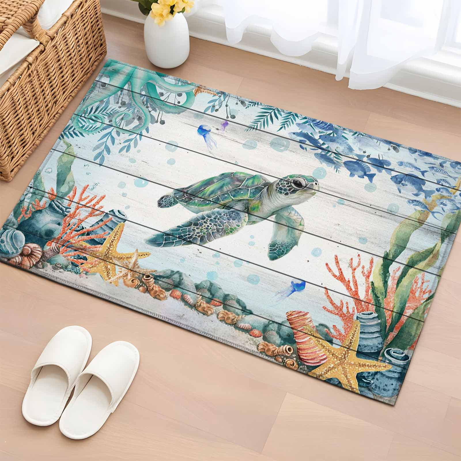 Entryway Rug 2'x3', Sea Turtle Coastal Small Rug for Kitchen Bathroom Door Mat Indoor Entrance, Summer Nautical Starfish Coral Grey Wooden Non-Slip Area Rugs Floor Mats Carpet Front Door Rugs