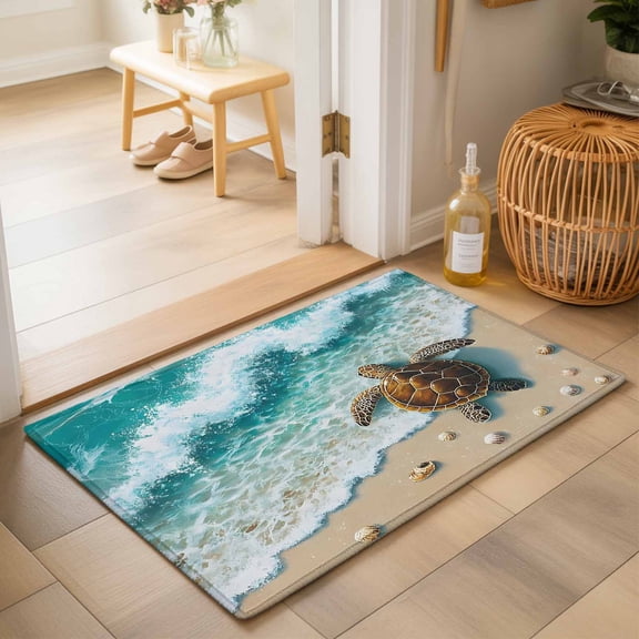 Entryway Rug 2'x3', Sea Turtle Seaside Kitchen Runner Rugs Non-Slip Carpet Mats, Waves Summer Beach Ocean Coastal Bedside Rugs Runners Washable Floor Carpet for Bathroom Laundry Room