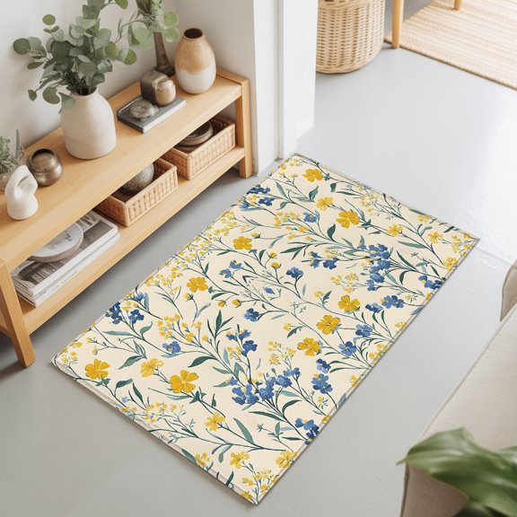 Entryway Rug 2'x3', Seasonal Botanical Blooms Kitchen Runner Rugs Non-Slip Carpet Mats, Blue Yellow Flowers Bedside Rugs Runners Washable Floor Carpet for Bathroom Laundry Room