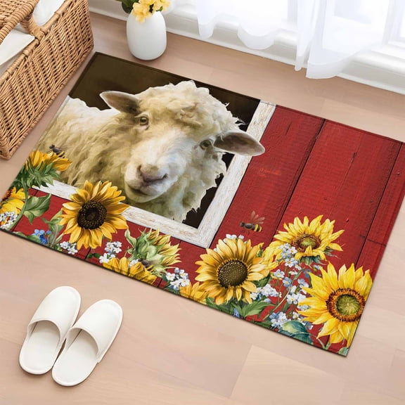 Entryway Rug 2'x3', Sheep Flowers Small Rug for Kitchen Bathroom Door Mat Indoor Entrance, Country Red Barn Botanical Sunflowers Non-Slip Area Rugs Floor Mats Carpet Front Door Rugs