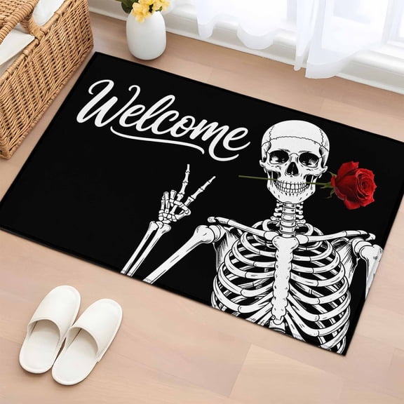 Entryway Rug 2'x3', Skeletons Roses Small Rug for Kitchen Bathroom Door Mat Indoor Entrance, Horror Minimalism Modern Aesthetic Non-Slip Area Rugs Floor Mats Carpet Front Door Rugs