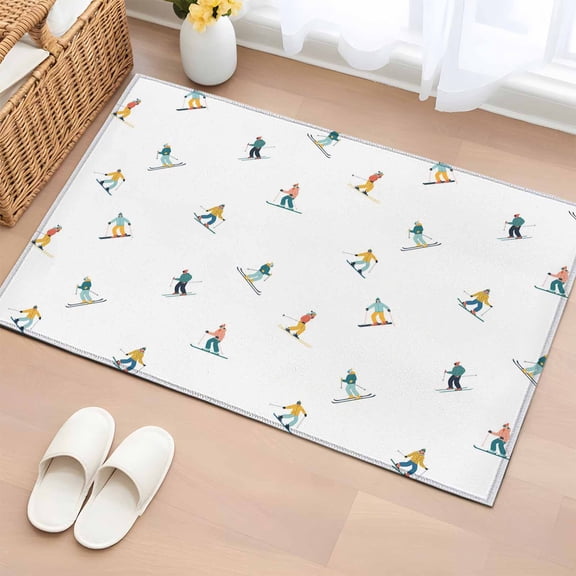 Entryway Rug 2'x3', Skiing Small Rug for Kitchen Bathroom Door Mat Indoor Entrance, Winter Snow Ski Sports Cartoon Boys Girls Skier Non-Slip Area Rugs Floor Mats Carpet Front Door Rugs