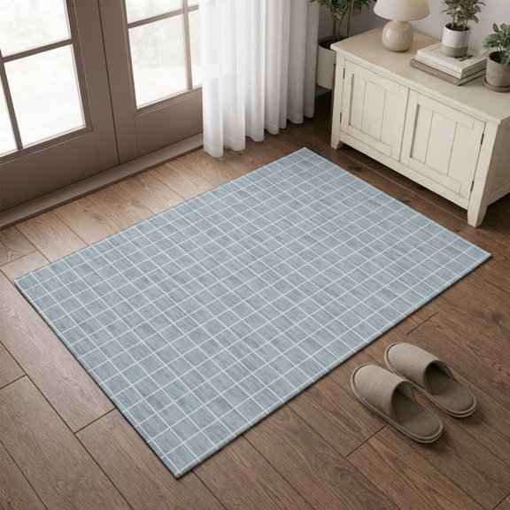 Entryway Rug 2'x3', Sky Blue Plaid Kitchen Runner Rugs Non-Slip Carpet Mats, Farmhouse Buffalo Checkered Gingham Bedside Rugs Runners Washable Floor Carpet for Bathroom Laundry Room